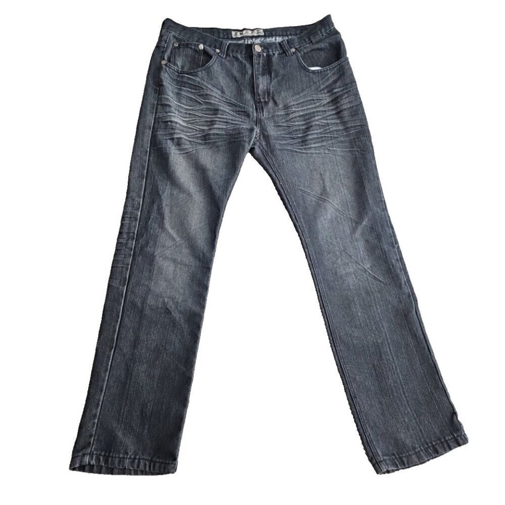 EMCEE Jeans Men's W38 L32 Straight Dark Blue Embroidered Flap Zipper Back Pocket
